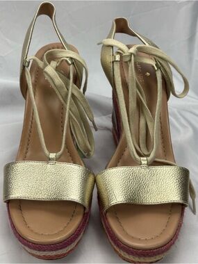 Kate Spade Daisy Too Gold Leather Rainbow Platform Wedge Espadrille Sandals SZ10